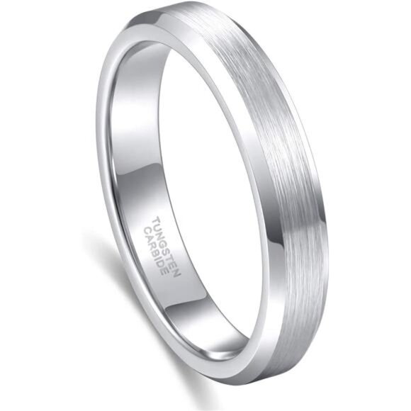 4mm 6mm Tungsten Carbide Ring for Men Women Beveled Edge Brushed Silver - Picture 1 of 7